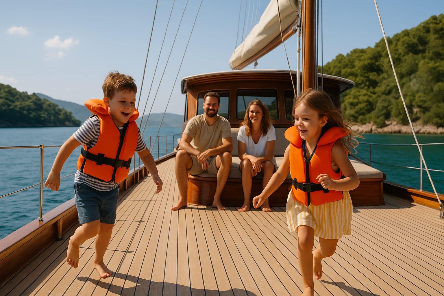 Eine Familie spielt mit ihren Kindern an Deck einer Gulet.