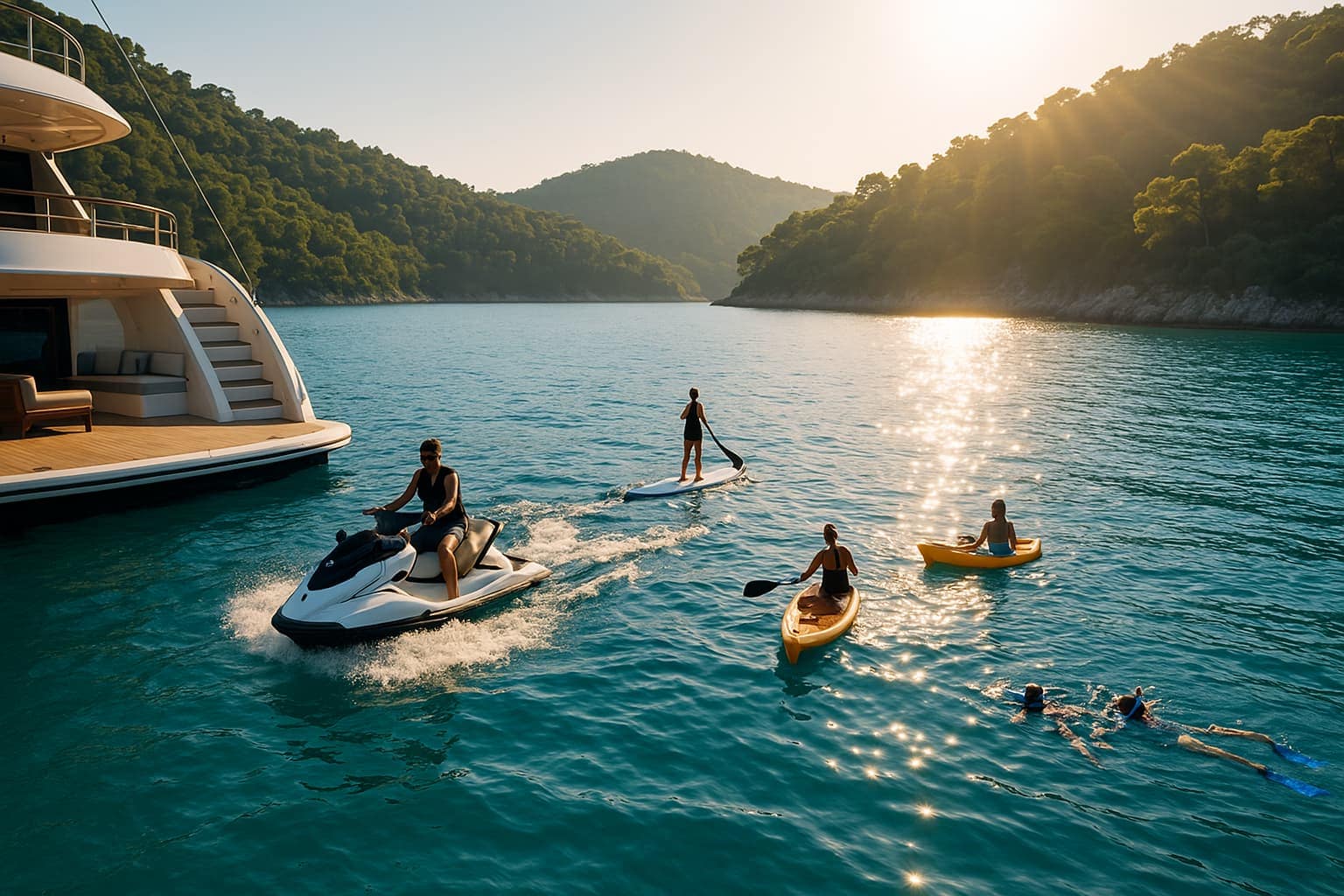People doing water sports behind a luxury yacht.