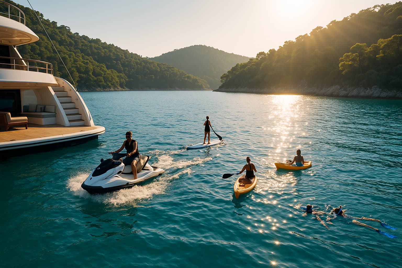 People doing water sports behind a luxury yacht.