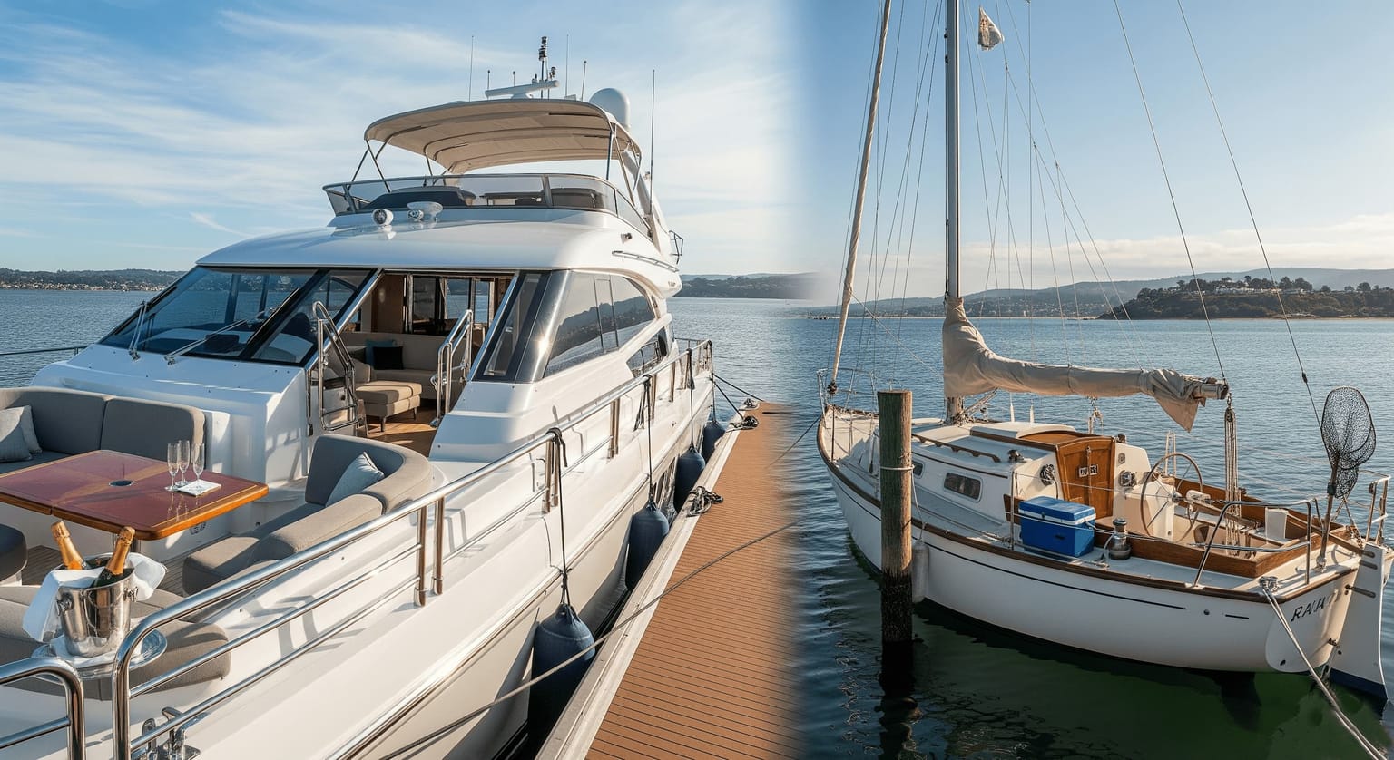 Eine Luxus-Motoryacht und ein kleineres, preisgünstiges Segelboot nebeneinander in einem ruhigen Yachthafen.