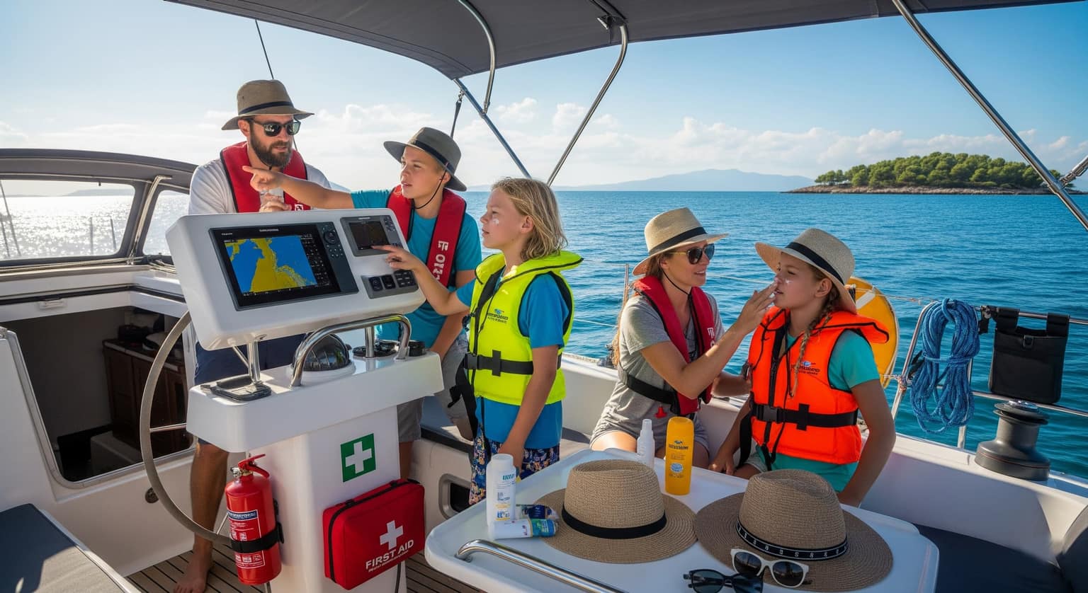 Eine Familie oder ein Paar auf einer Segelyacht, die Schwimmwesten tragen und Sicherheitsvorkehrungen treffen.