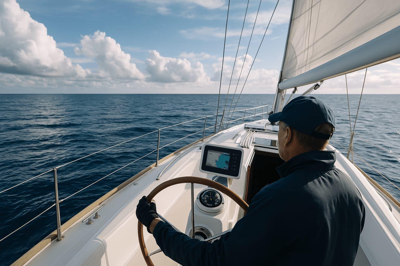 Ein Kapitän auf dem Deck eines Segelboots, der auf einen Kompass und einen GPS-Bildschirm schaut.