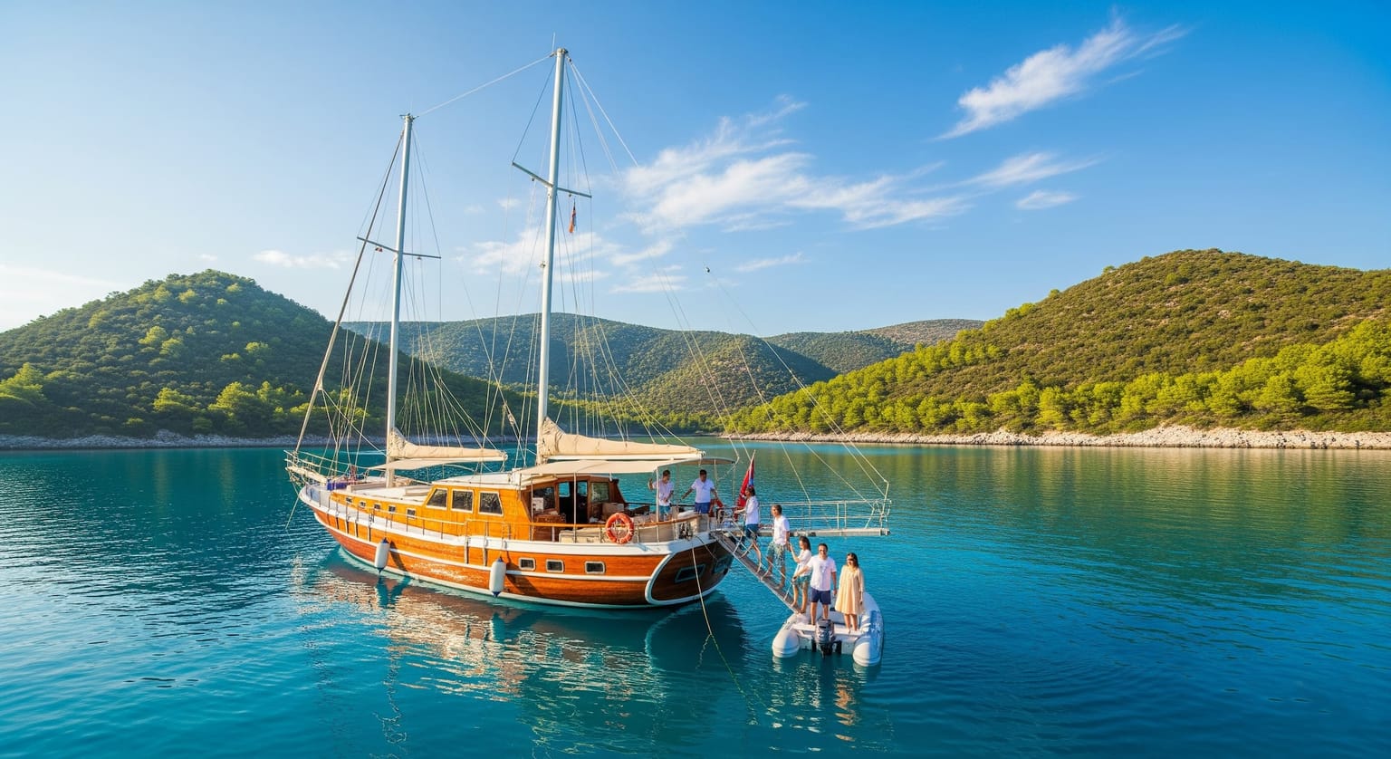People boarding a wooden gulet in a calm turquoise bay.