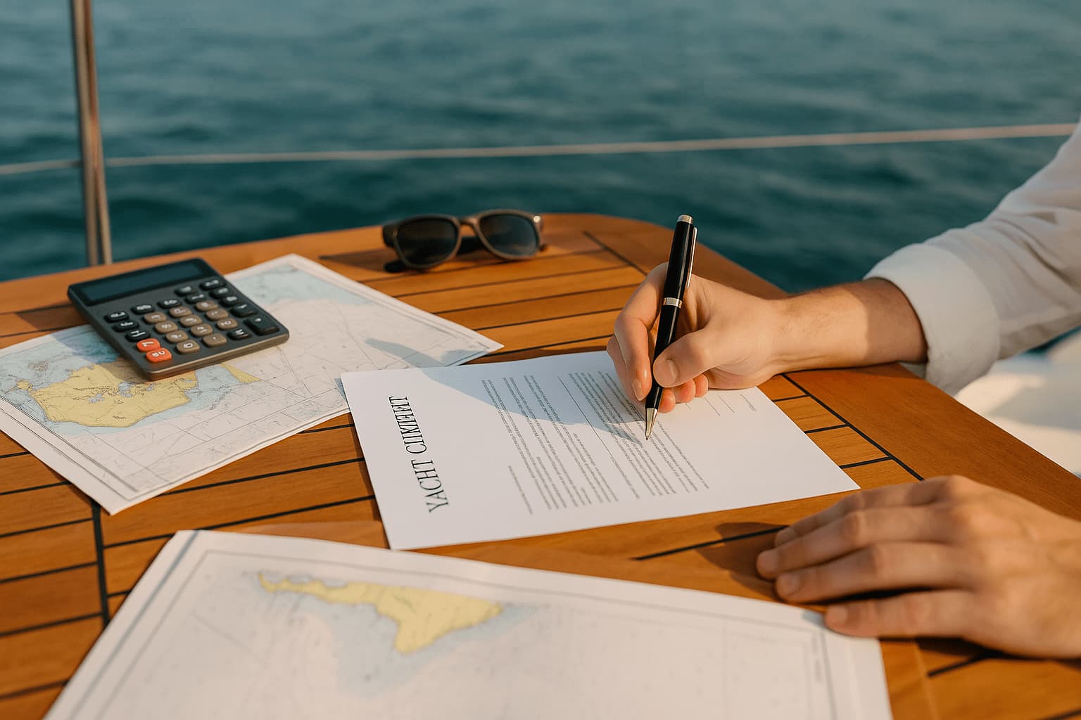 Versicherungsdokumente, ein Stift und eine Kapitänsmütze auf einem Tisch neben einer Yacht in einem Yachthafen.