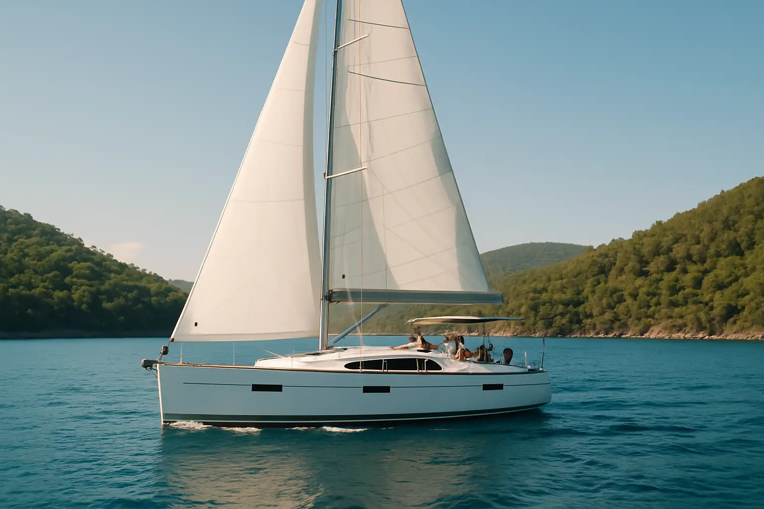 A modern sailing yacht sailing in the Mediterranean.