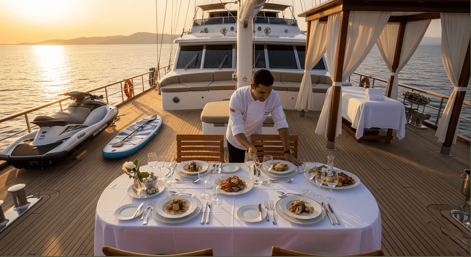 Gourmet dinner and luxury services offered on a gulet deck at sunset.