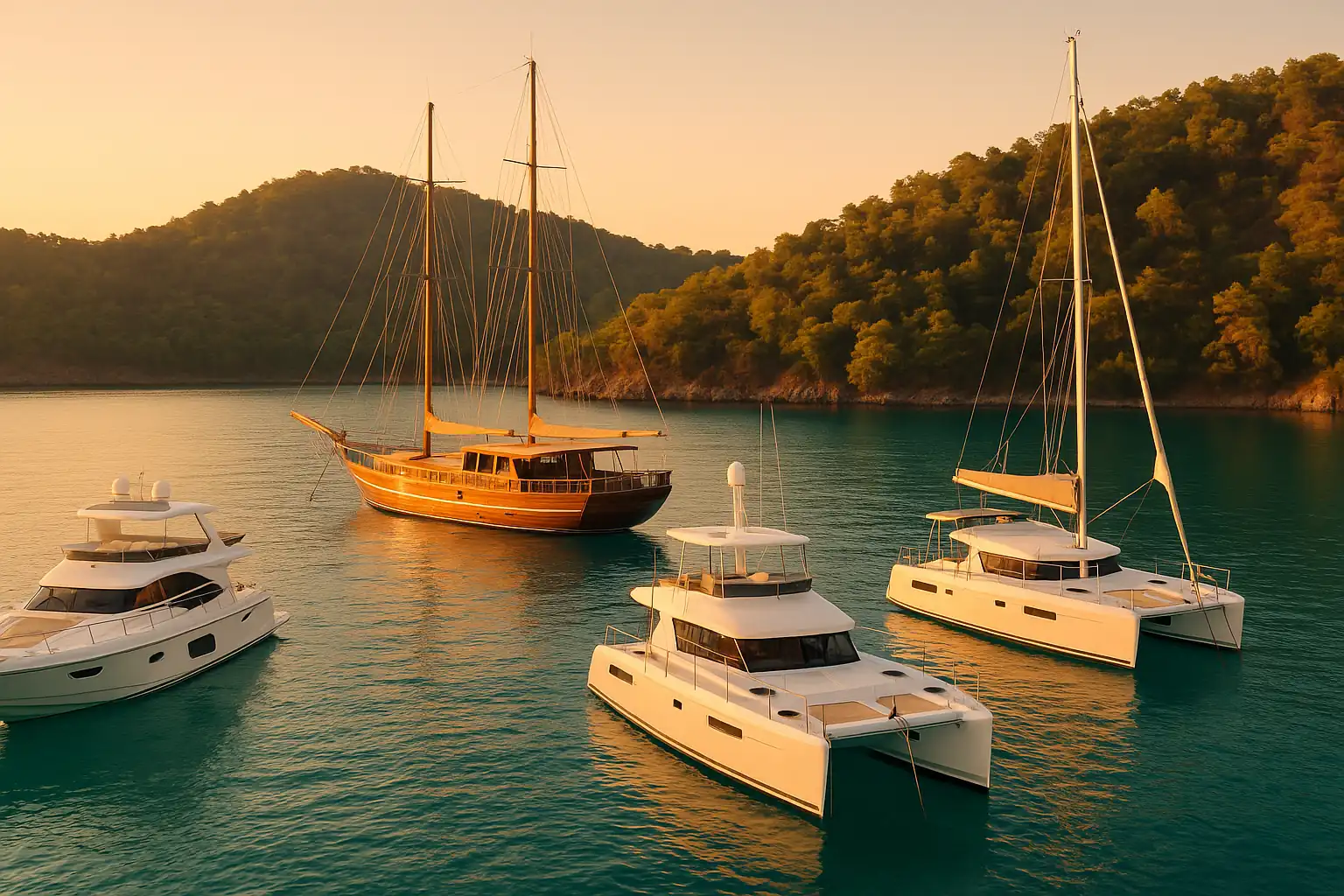 Four different types of charter boats anchored in a calm bay in Turkey.