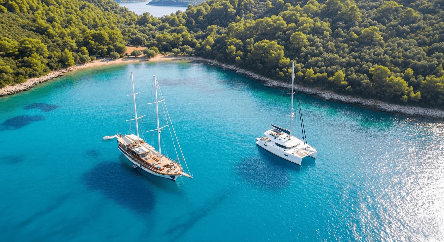 Eine traditionelle türkische Gulet und ein moderner Katamaran, die nebeneinander in einer Mittelmeerbucht mit türkisfarbenem Wasser und einer bewaldeten Küste vor Anker liegen.