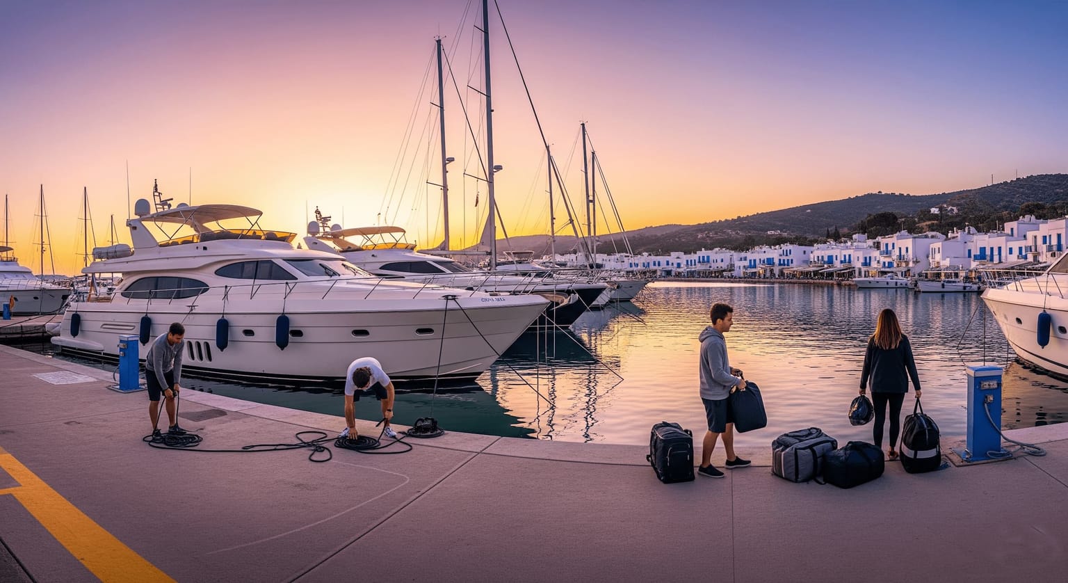 Aufgereihte Yachten und Menschen, die sich bei Sonnenaufgang in einem Jachthafen auf eine Reise vorbereiten.