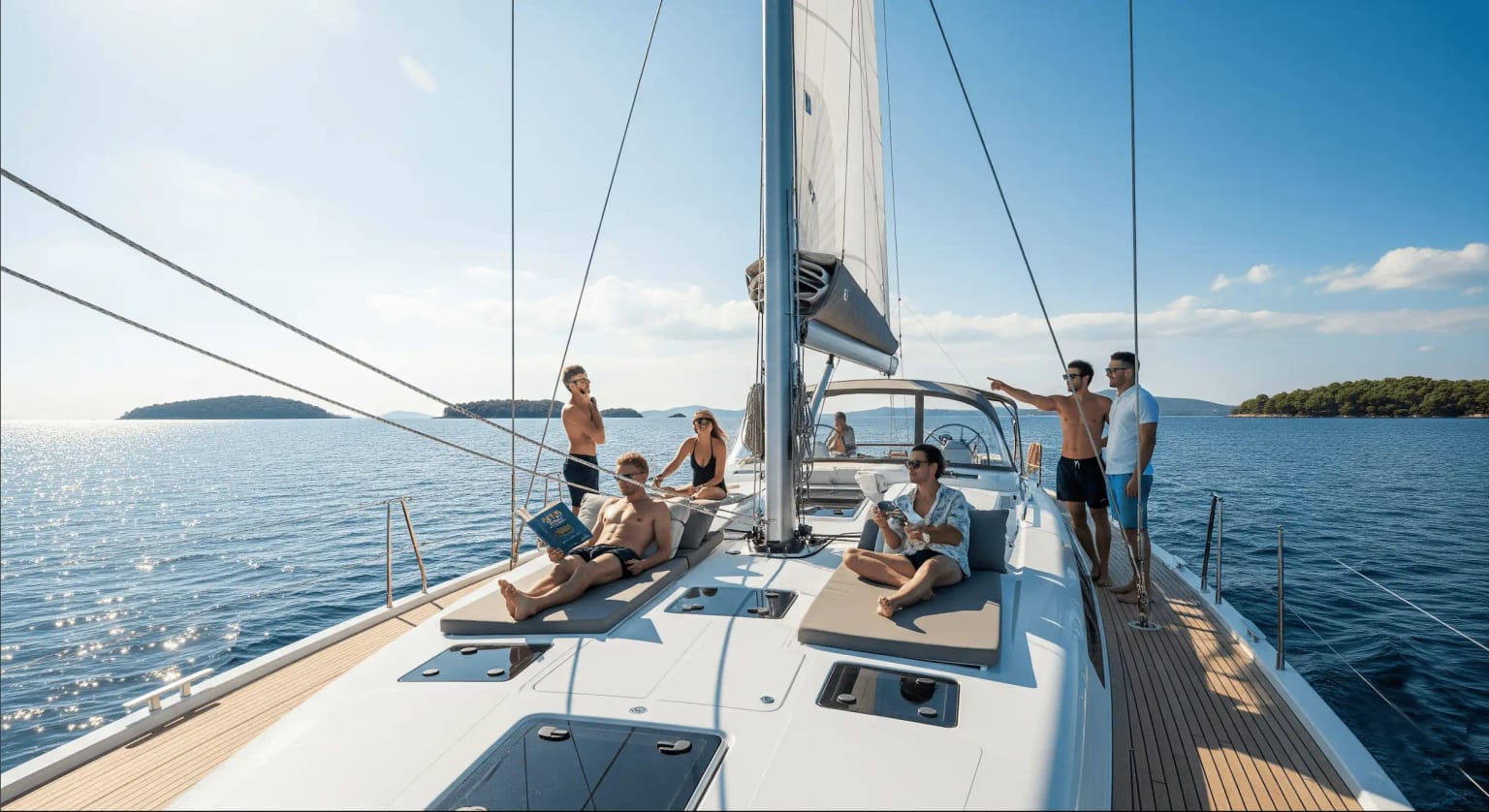 Holidaymakers sunbathing on the deck of a modern sailing yacht cruising on the blue sea.