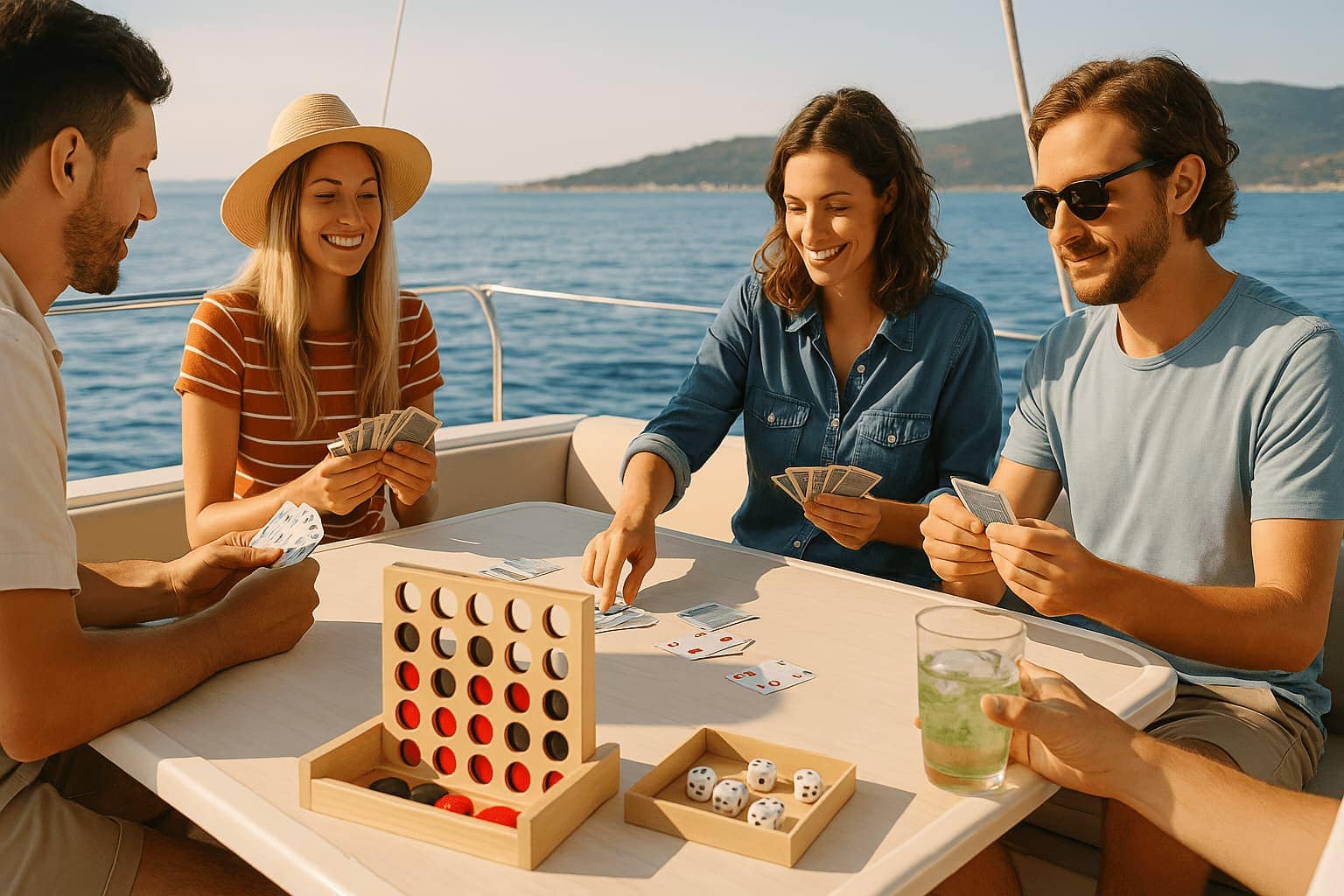 Eine fröhliche Gruppe von Freunden, die an Deck eines Bootes ein Kartenspiel spielen.