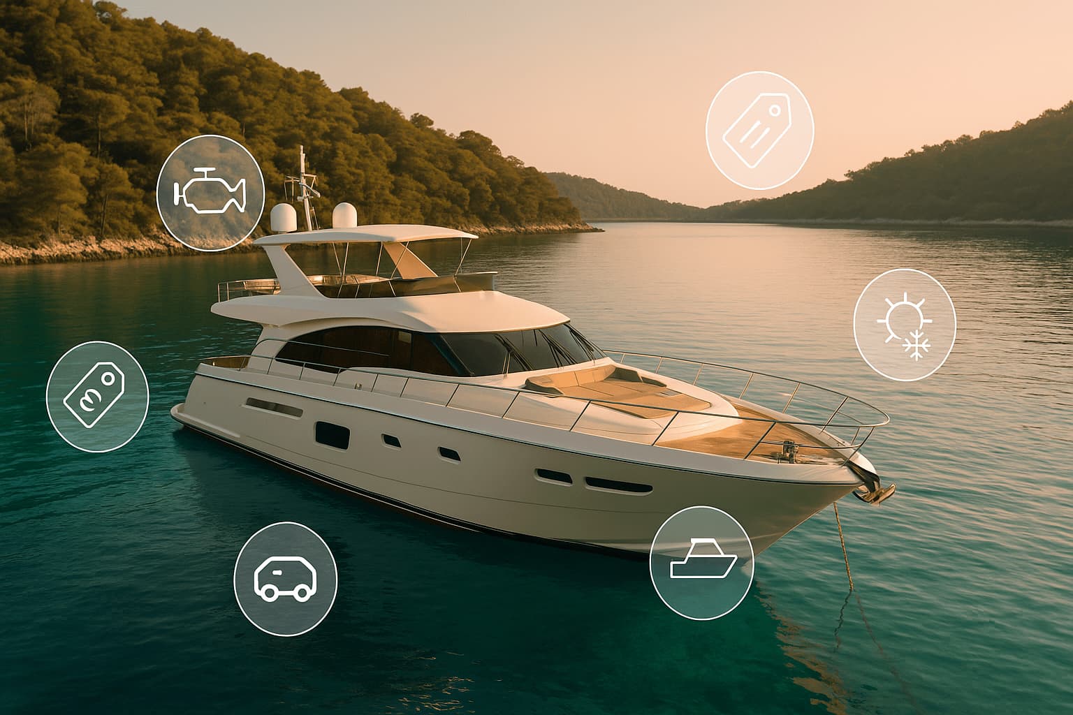 Eine Luxusyacht, die in einer kristallklaren Bucht vor Anker liegt und von Preisschildern umgeben ist, die Kostenfaktoren symbolisieren.