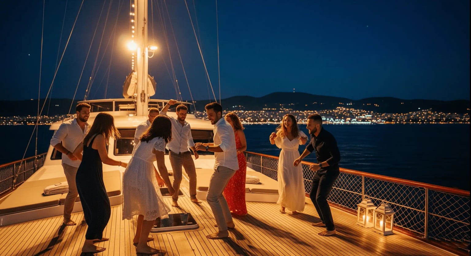 A group of friends dancing on the deck of a luxury gulet at night.
