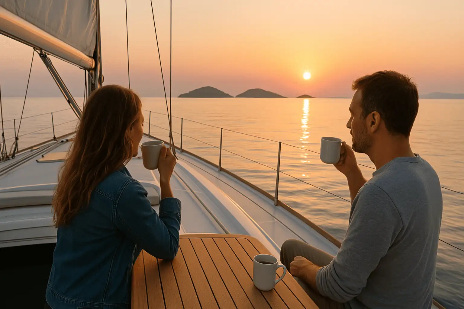 A couple drinking coffee at sunrise on a sailboat deck.