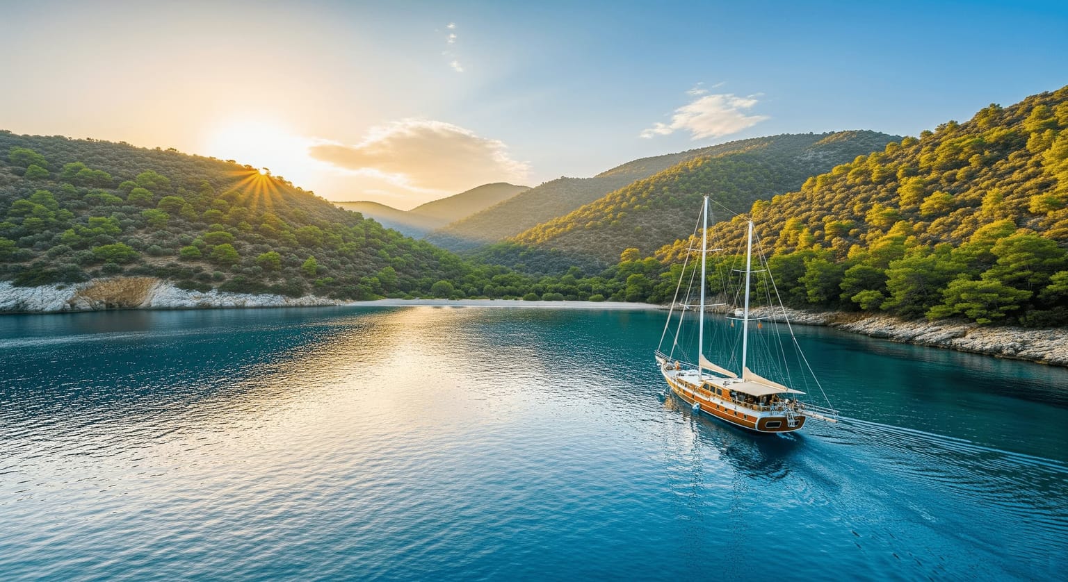 A gulet boat cruising in the morning sun on the Aegean or Mediterranean coast.