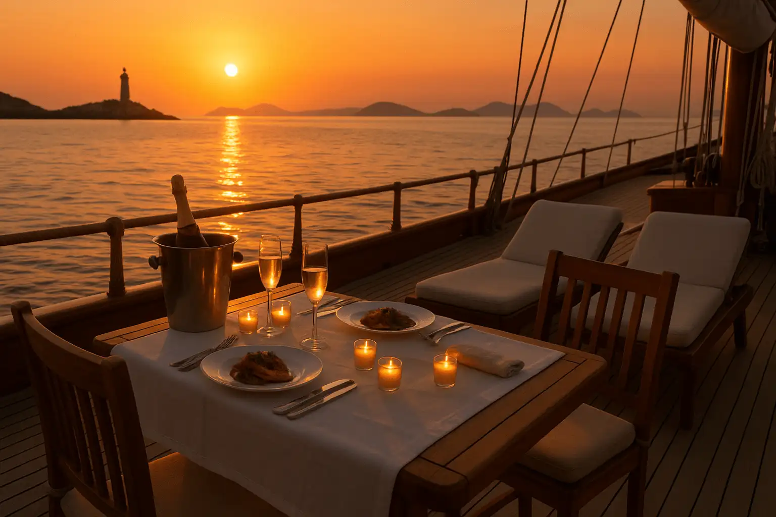 A romantic dinner on the deck of a luxury gulet at sunset.