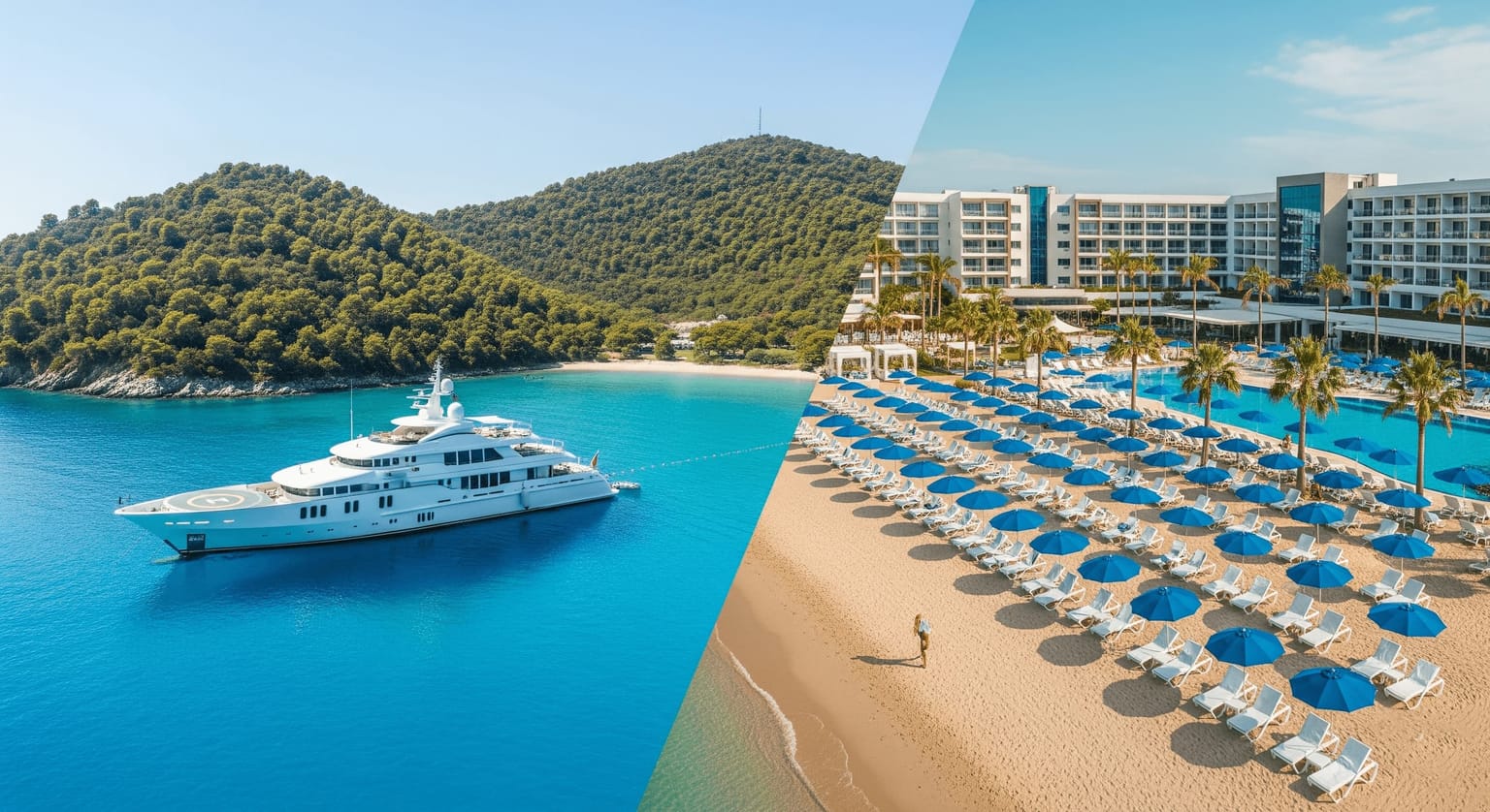 Auf der einen Seite eine Luxusyacht und auf der anderen ein Strandresort mit Sonnenliegen.