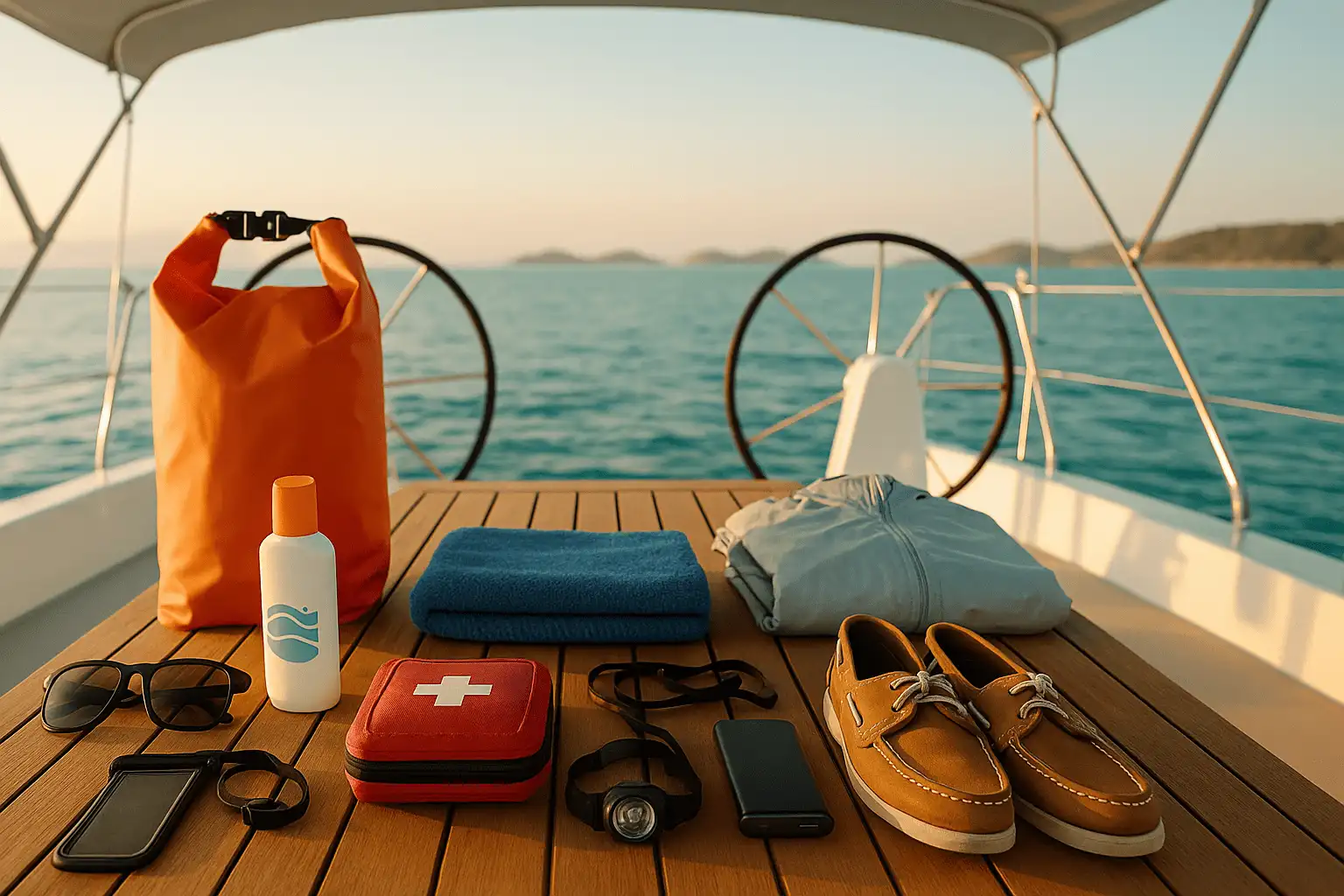 Essential items for a sailing vacation arranged on a teak table on a yacht deck.