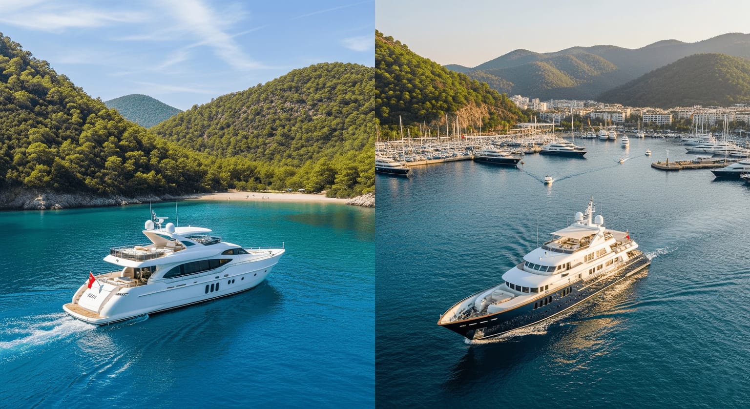 Zwei Luxus-Motoryachten, die an den unterschiedlichen Küsten von Göcek und Marmaris entlangfahren.