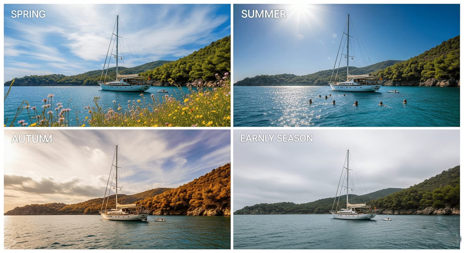 Eine Collage, die eine Yacht zu verschiedenen Jahreszeiten in der Türkei zeigt.