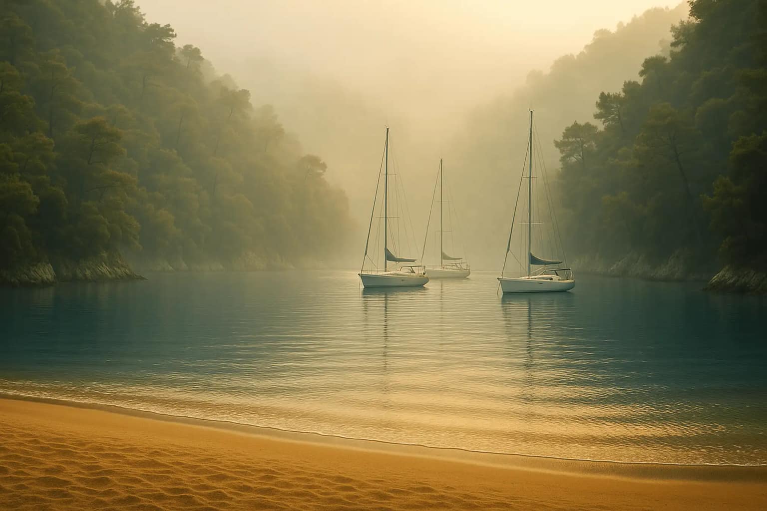 Sailing boats shining in the morning light in a mysterious bay surrounded by pine trees.