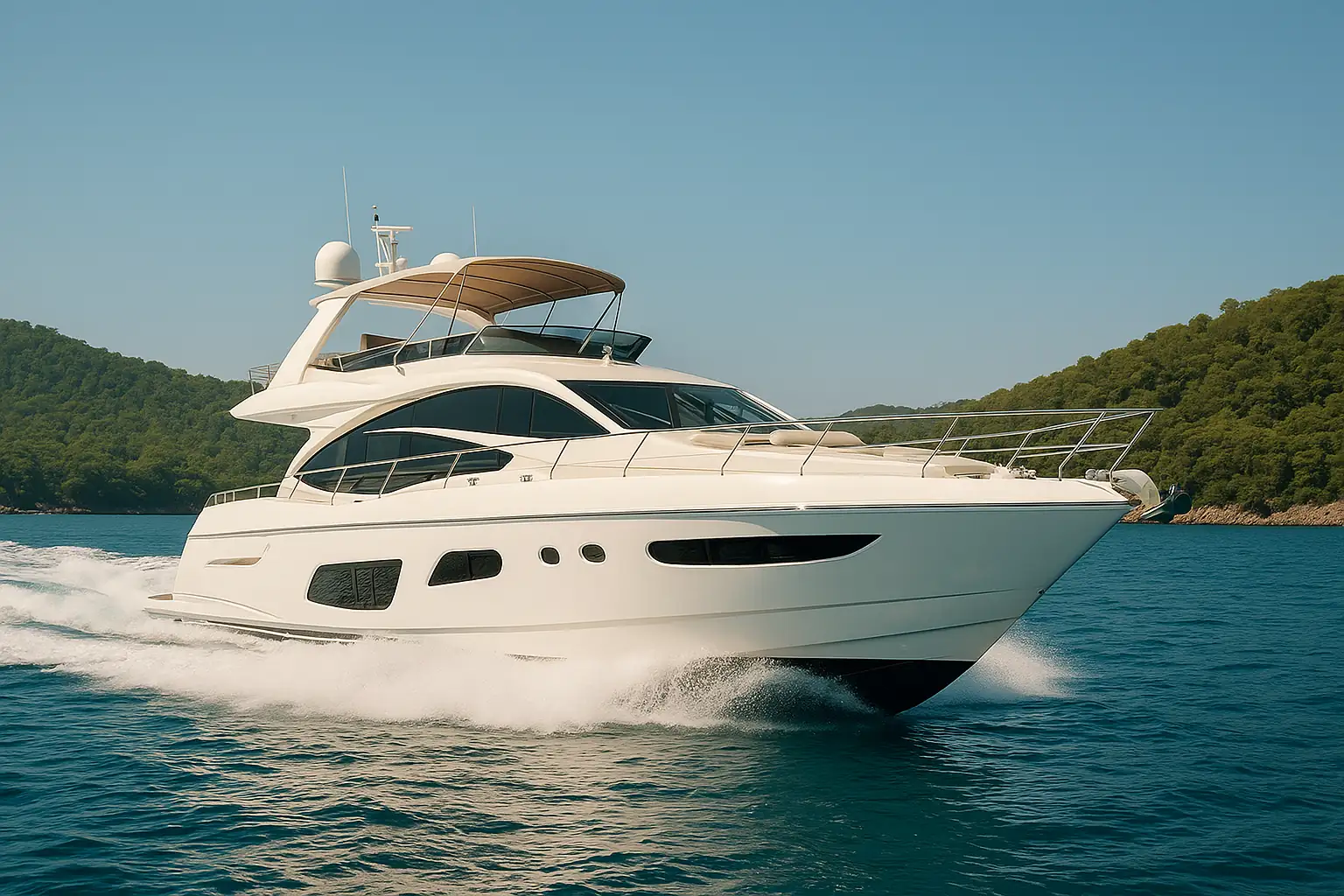 A luxury motor yacht planing at speed on the Mediterranean.