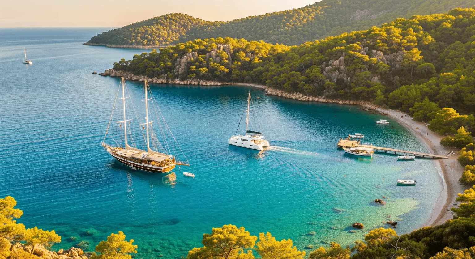Eine Gulet, ein moderner Katamaran und eine Segelyacht, die in einer türkisfarbenen Bucht an der Ägäis- und Mittelmeerküste der Türkei vor Anker liegen.