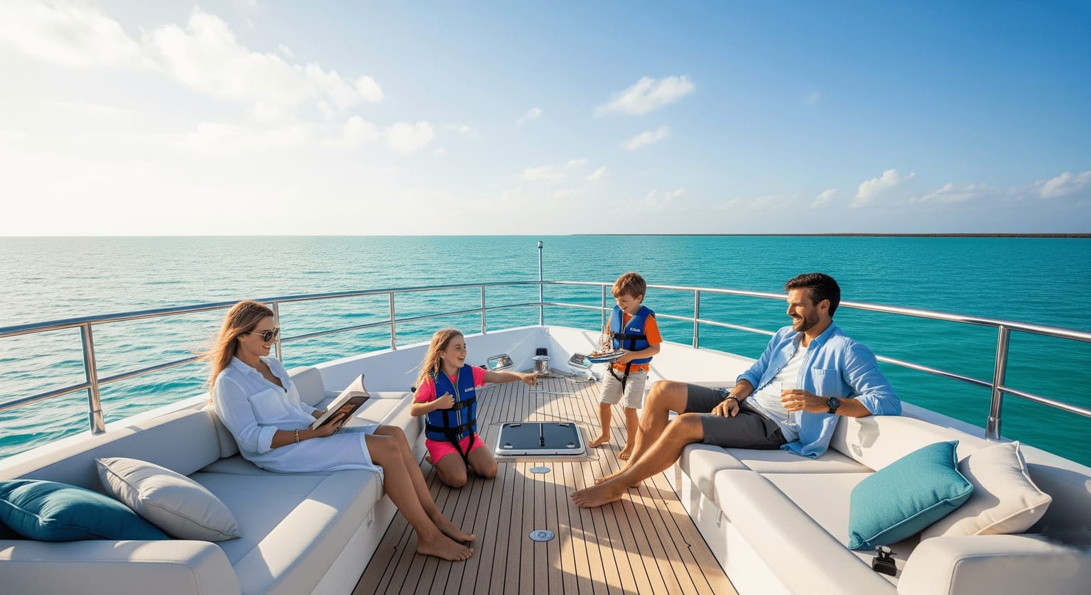Eine vierköpfige Familie genießt die Zeit auf einer geräumigen Yacht.
