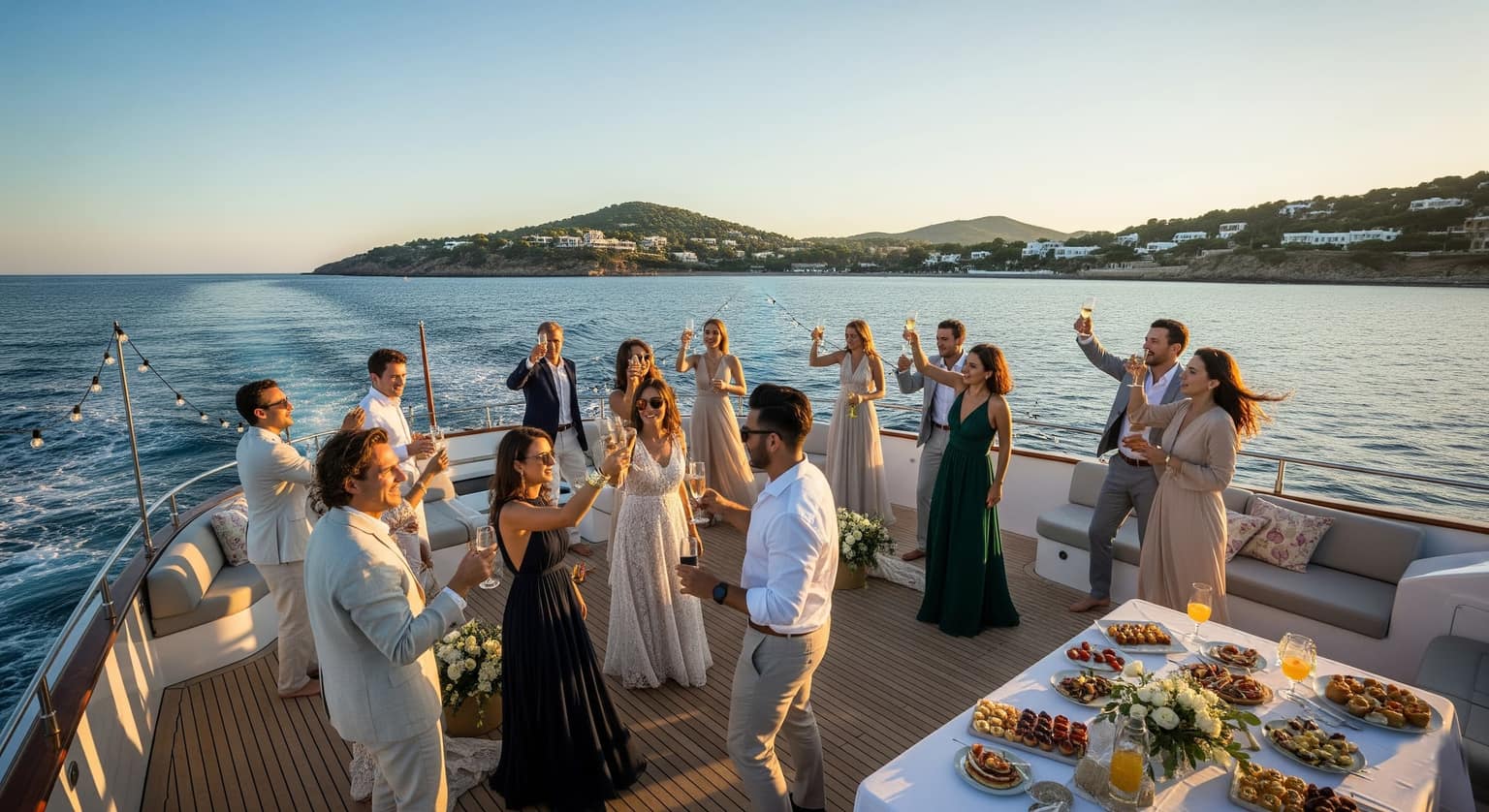 Menschen, die auf dem Deck eines Luxusbootes, das auf blauem Wasser fährt, einen besonderen Anlass feiern.