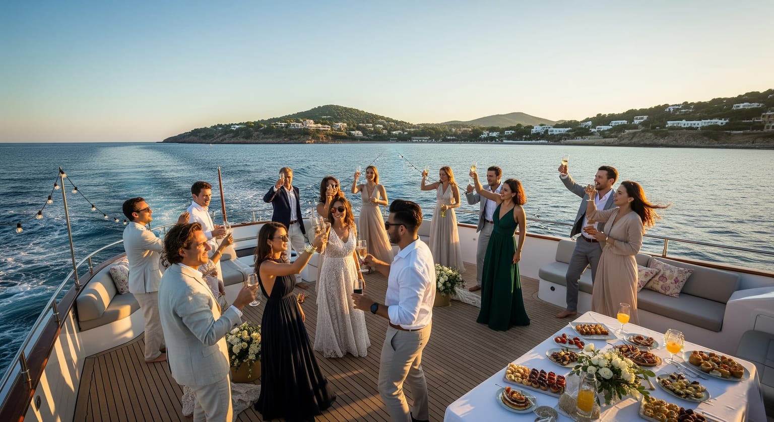 People celebrating a special occasion on the deck of a luxury boat cruising on blue waters.