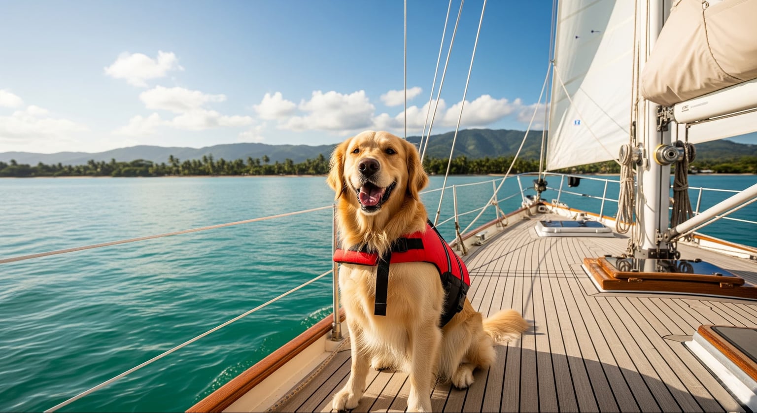 A happy dog with a life jacket sitting on the deck of a sailing yacht on a sunny day.