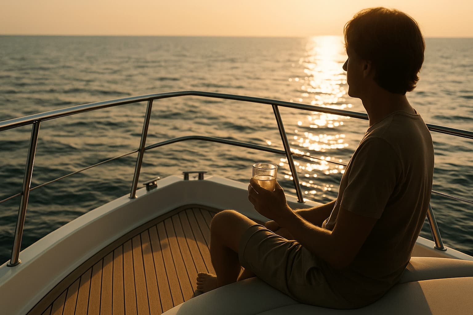 A person watching the calm sea with a drink in hand on a yacht at sunset.