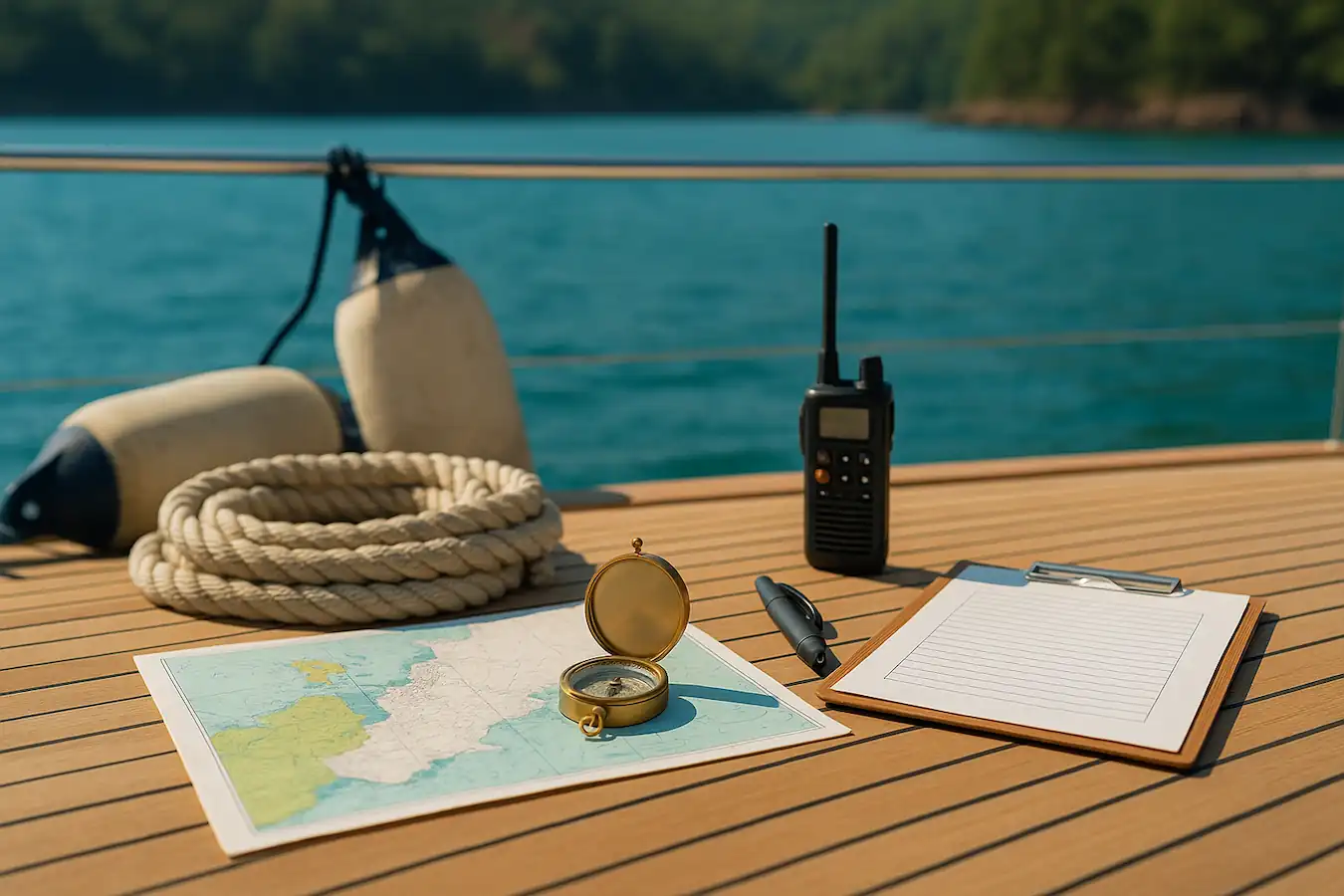 Eine Seekarte, ein Kompass und andere Ausrüstung auf einem Yachtdeck.
