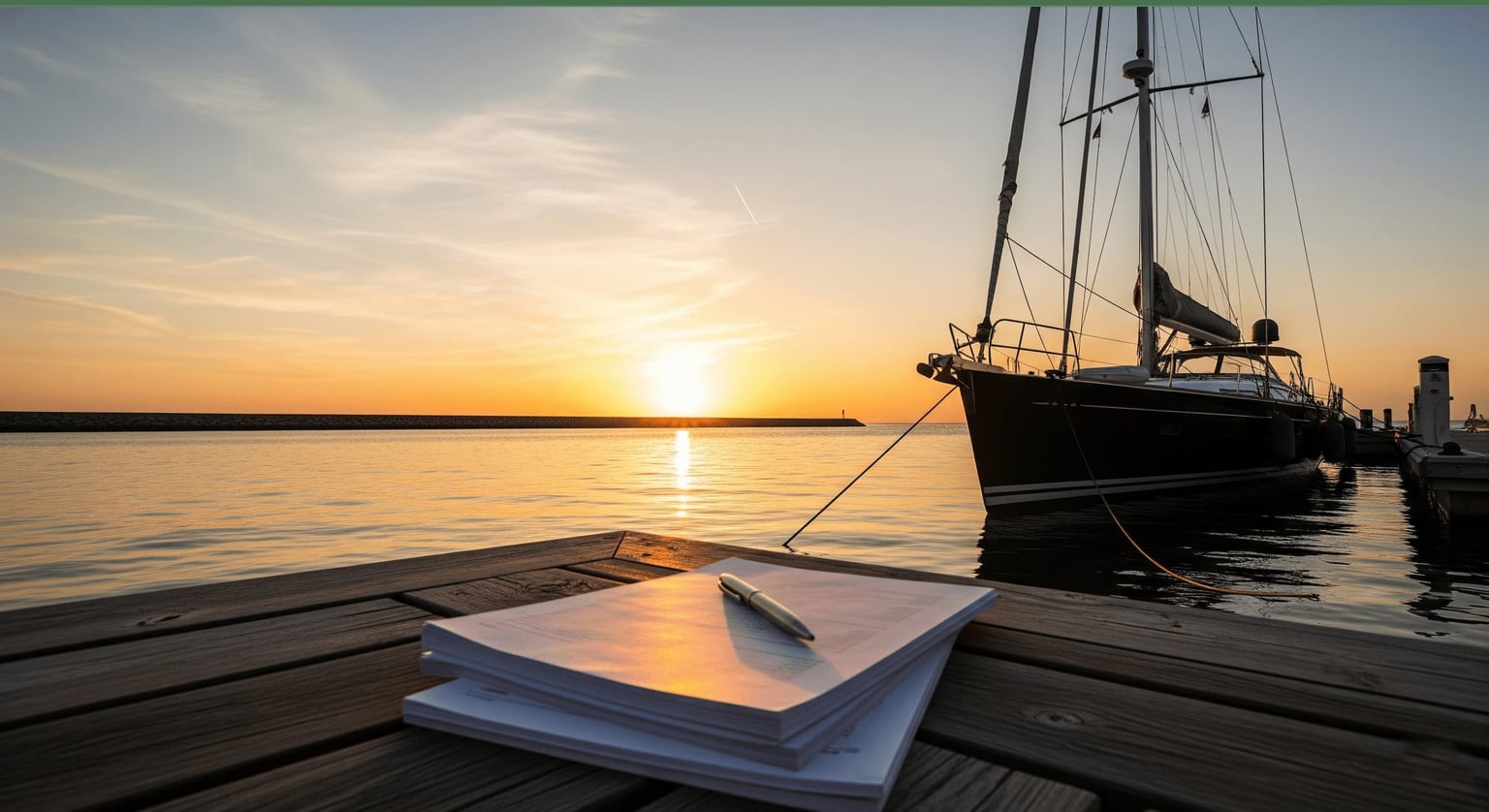 A charter agreement and pen on a wooden dock at a marina at sunset.