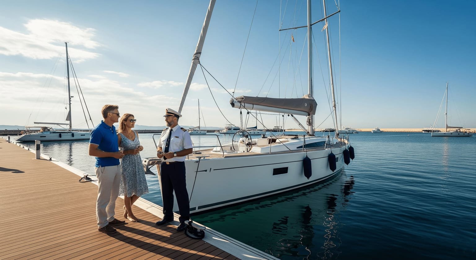 A relaxed couple talking to a captain on the dock in a spacious marina, with a luxury sailing yacht preparing to depart.