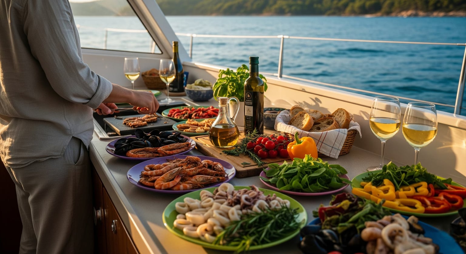 A vacationer preparing a meal on a yacht at sunset.
