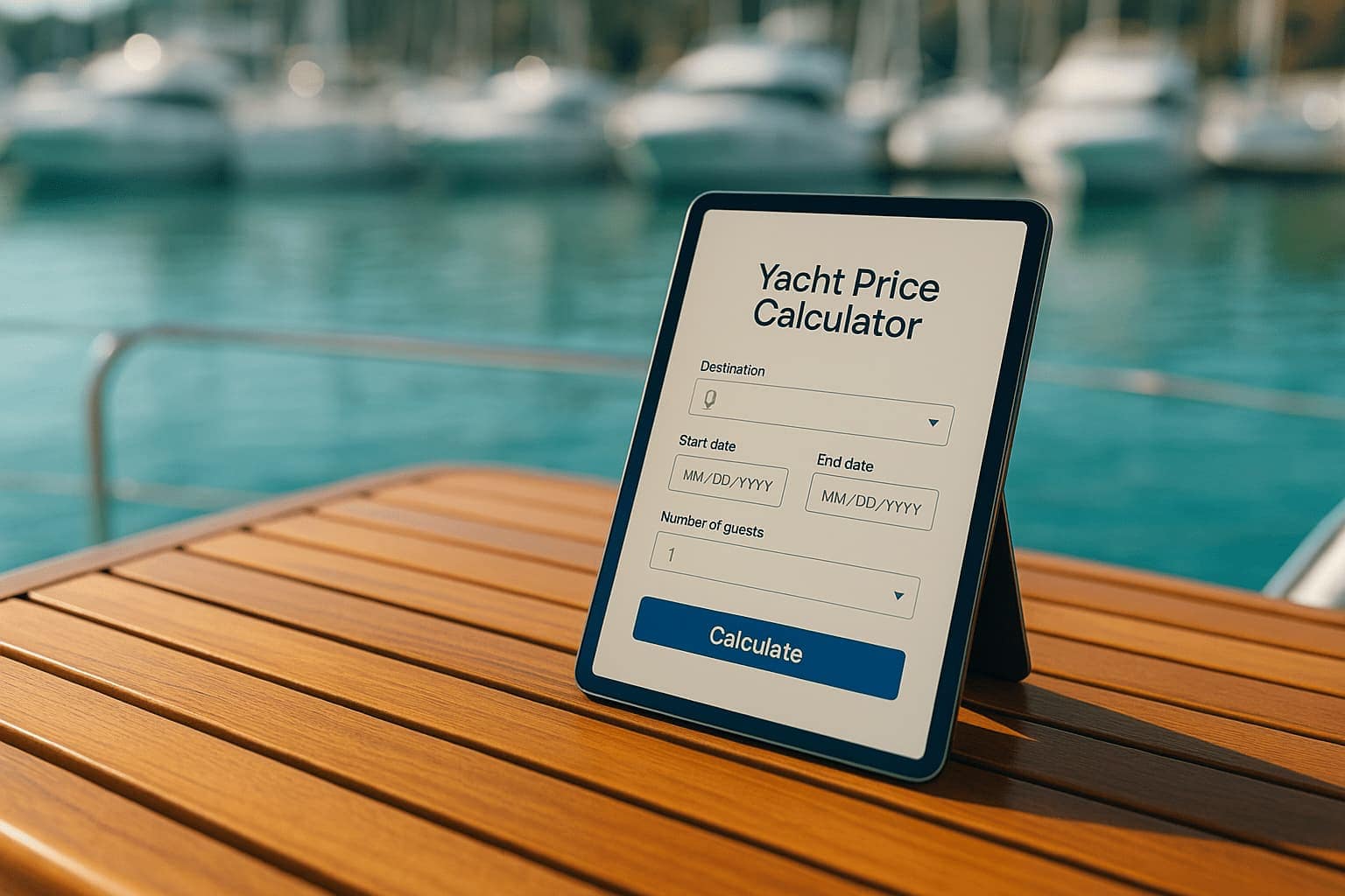 A tablet or smartphone with a yacht rental price calculator app open on a teak boat table.