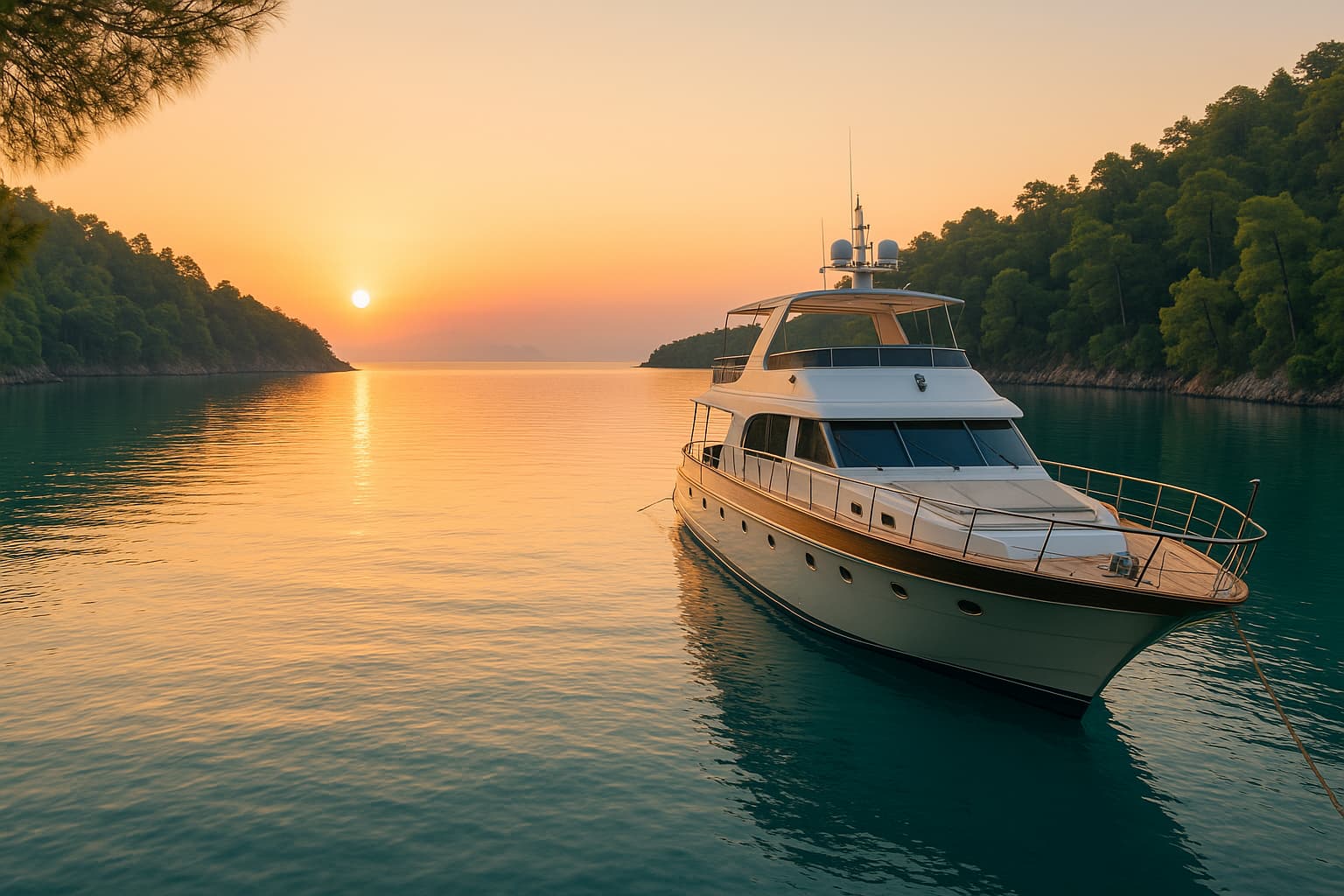 A luxury yacht anchored at sunrise in a secluded turquoise bay surrounded by pine trees.