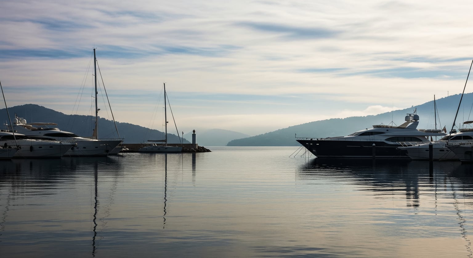A few yachts docked in a Mediterranean marina in winter.