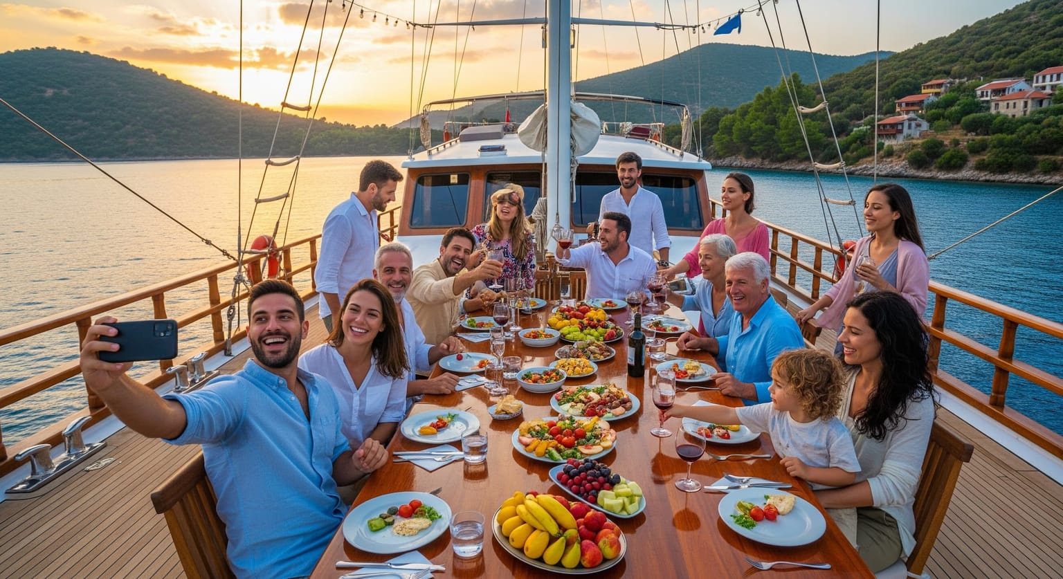 A group of friends and family eating dinner on the deck of a gulet at sunset.