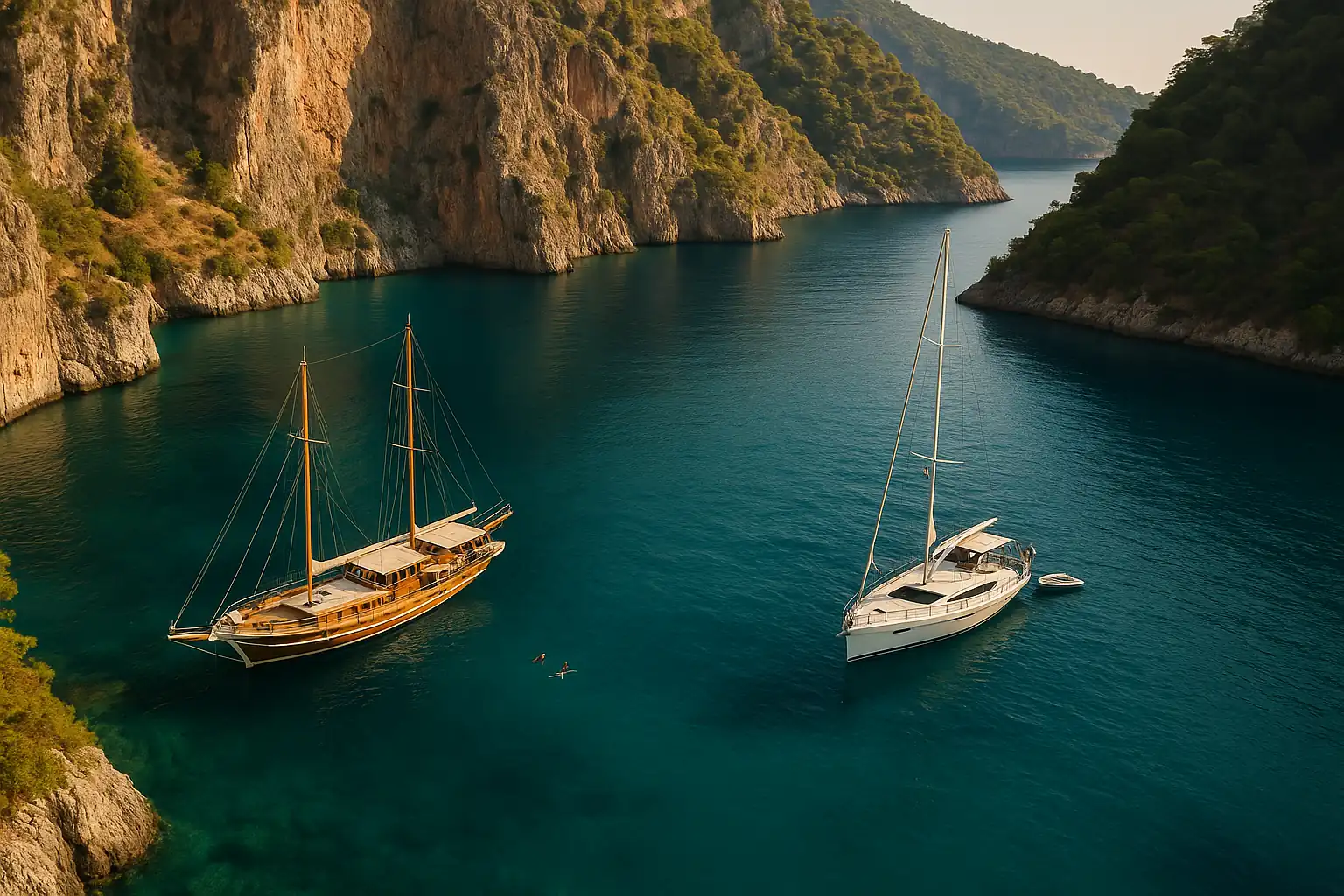 Eine Gulet und eine moderne Segelyacht, die in einer türkisfarbenen Bucht in Fethiye vor Anker liegen.
