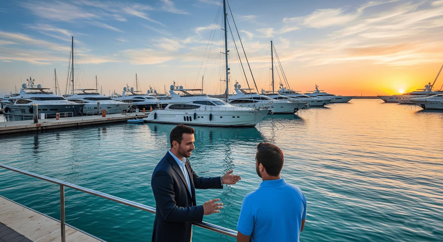 A professional yacht consultant meeting with a client at a marina at sunset.