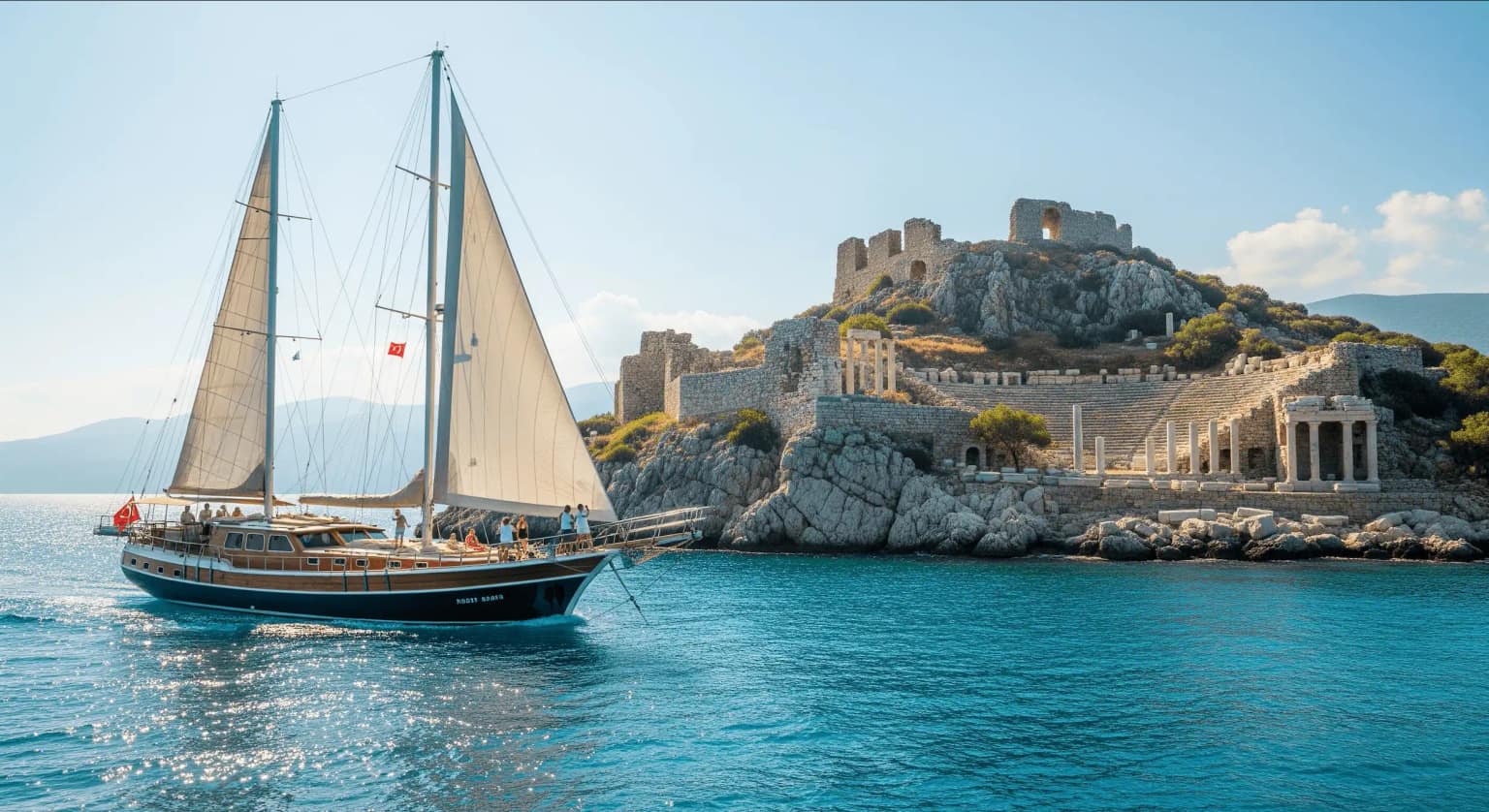 A gulet or sailing yacht cruising near ancient ruins in the Mediterranean.