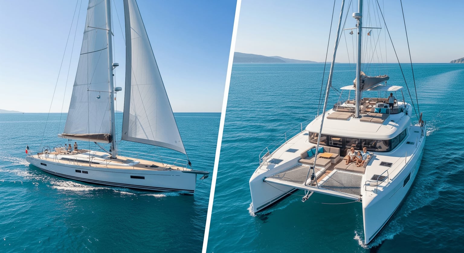 A sleek sailing yacht and a spacious catamaran cruising on the turquoise waters of the Mediterranean.