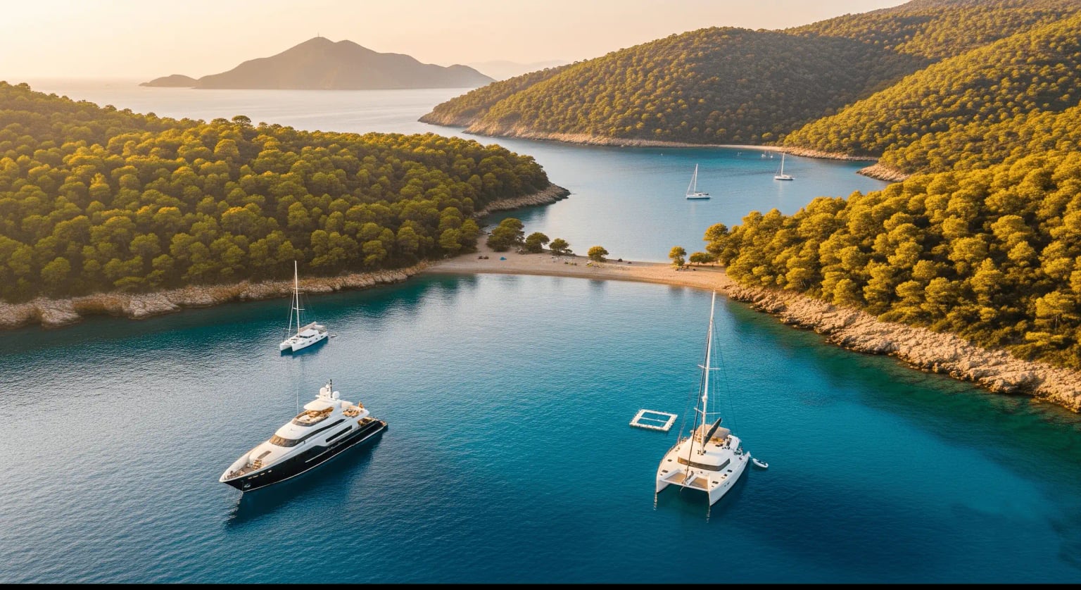 A charter yacht and a catamaran anchored in a turquoise cove on the Datça Peninsula.