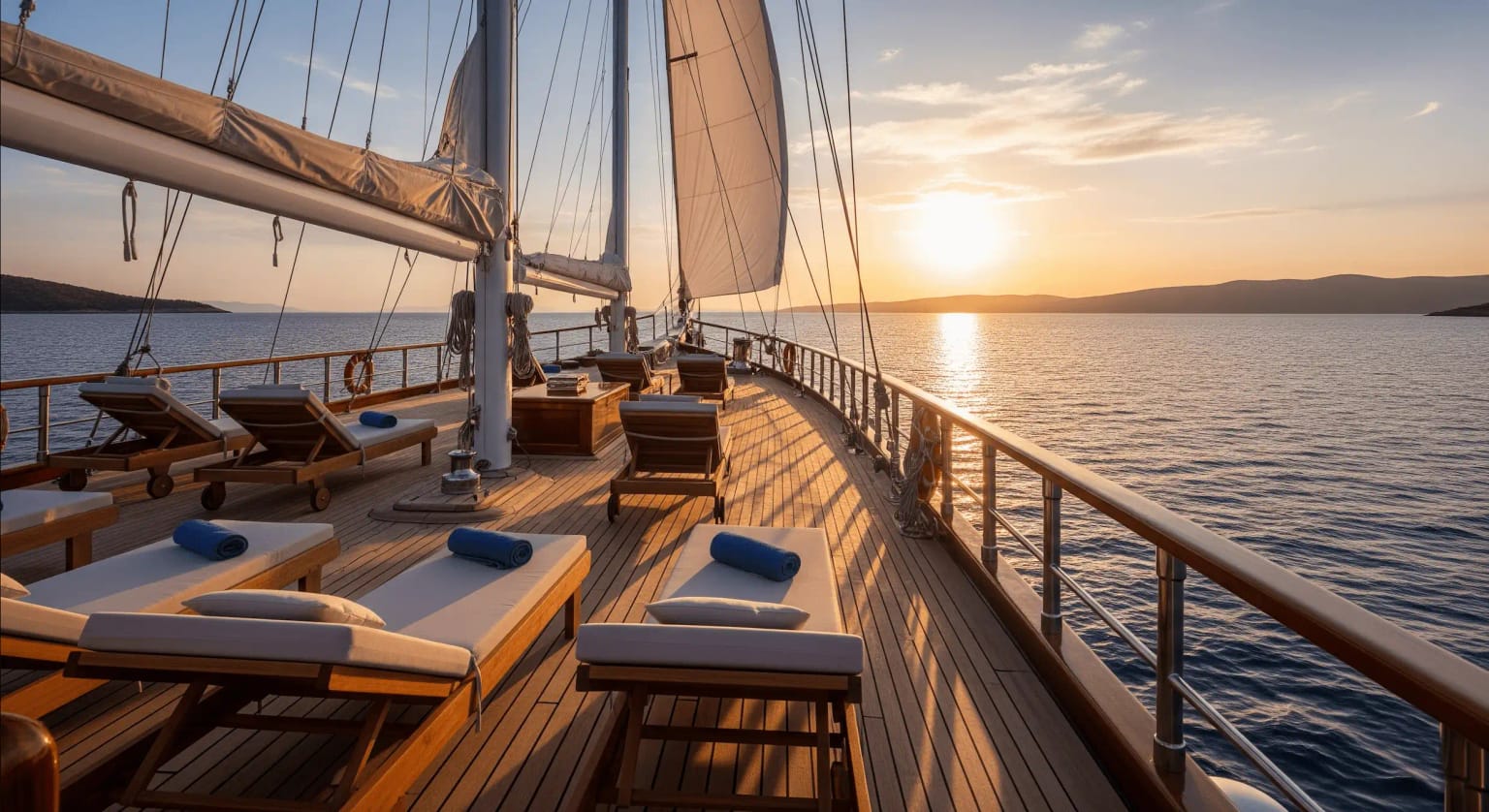 The deck of a luxury gulet at sunset.