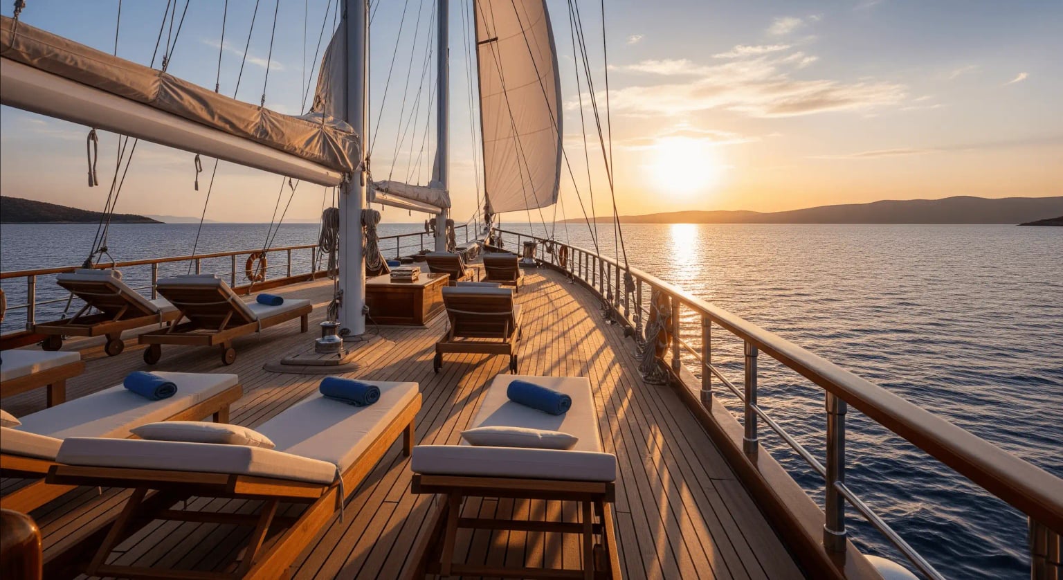 The deck of a luxury gulet at sunset.
