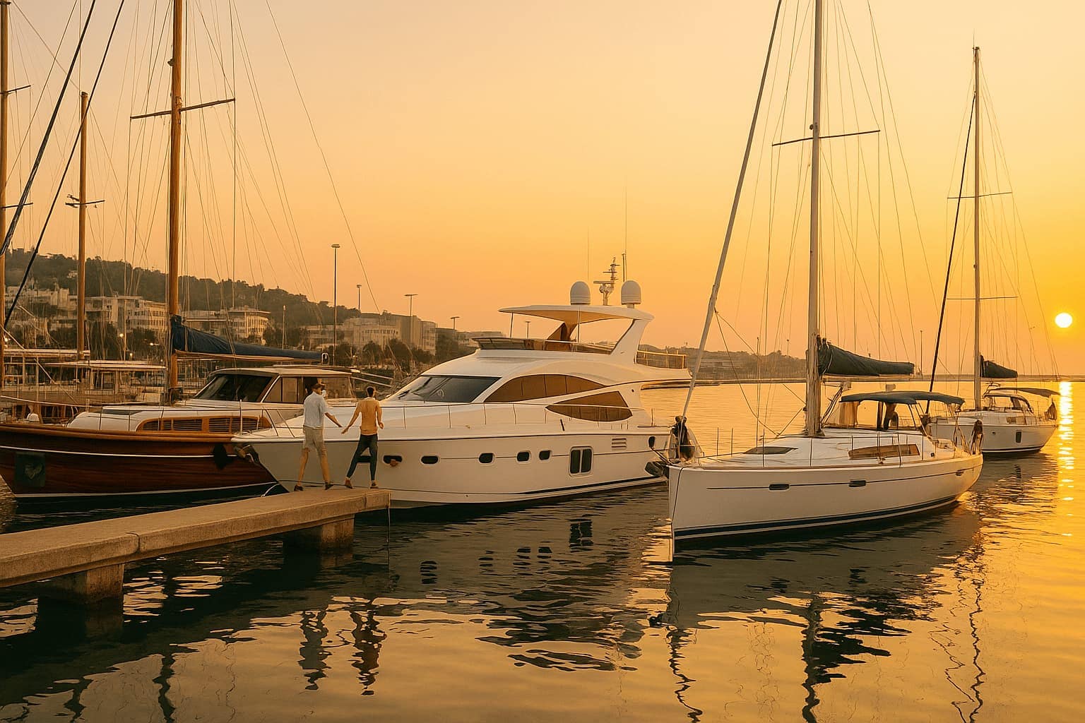 Last-minute travelers boarding a yacht in a luxury marina at sunset.