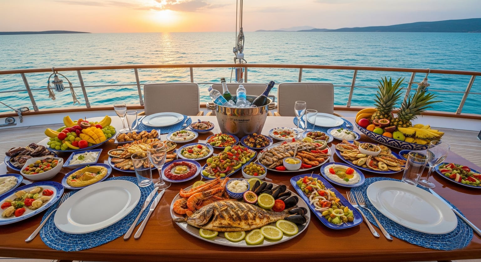 A dinner table set against the sunset on the deck of a luxury gulet.