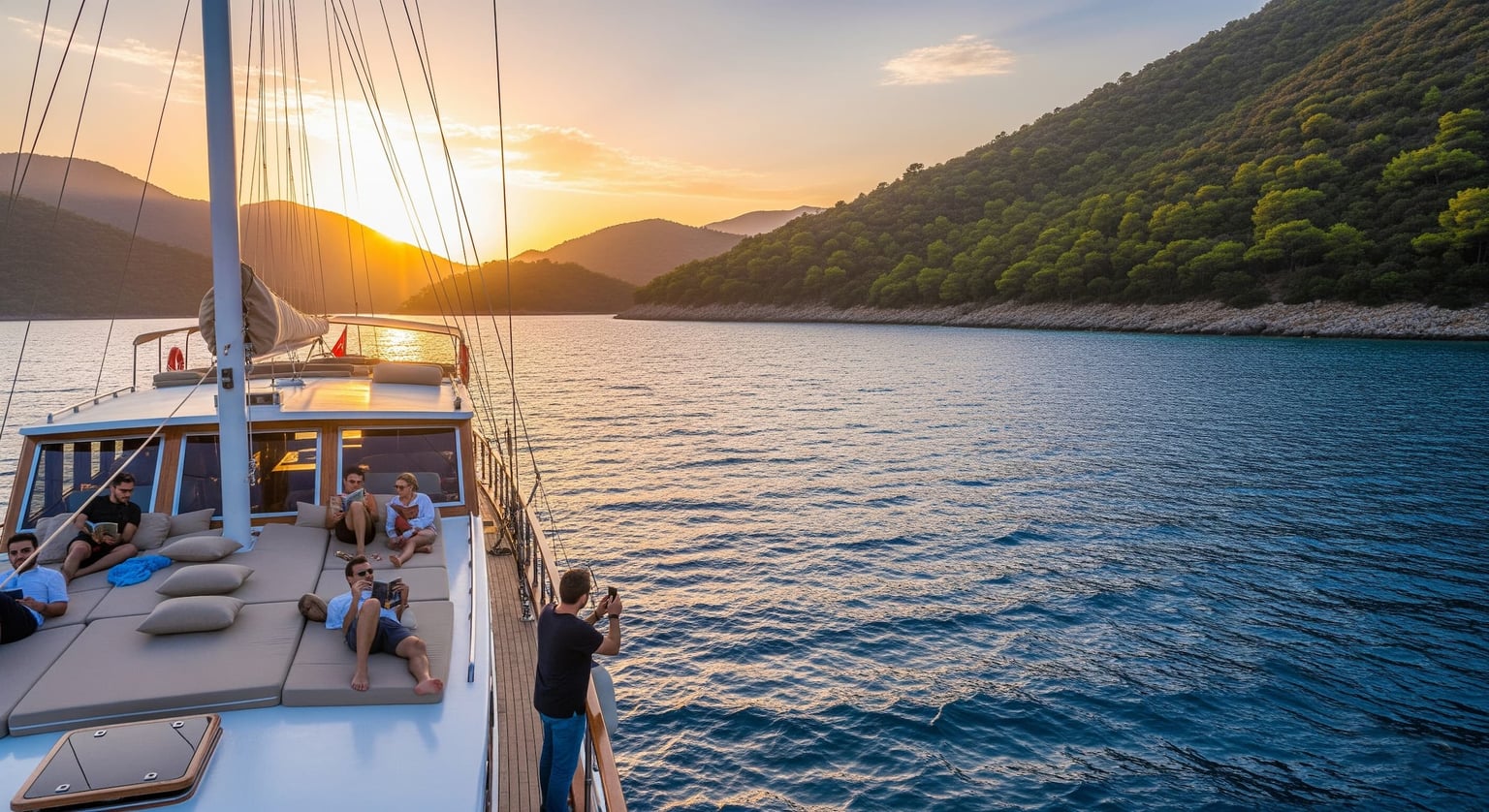 People relaxing on a gulet anchored in a green cove at sunset in the Aegean.